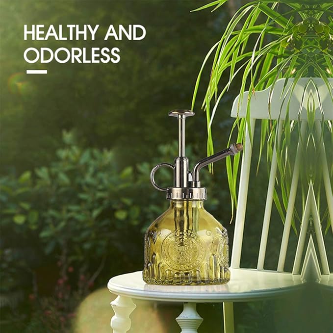 Plant Mister Glass Spray Bottle Small Plant Watering Can 6.4" Tall Retro Indoor Watering Can Bronze Plastic Top Pump for Garden Indoor Plant Sprayer