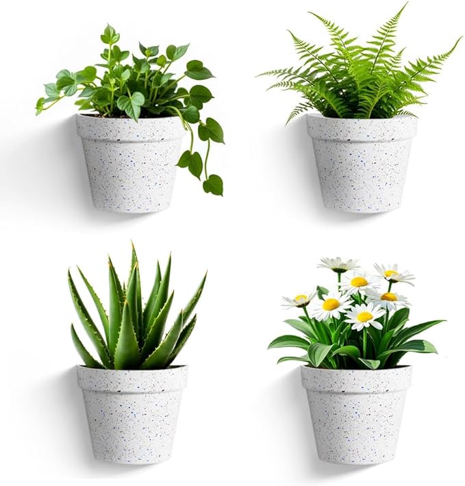Asnext 2 Pack Plastic Wall Planter for Indoor Plants, 7.5 Inch Hanging Wall Planter Pots, Wall Mounted Succulent Planters (Speckled White)