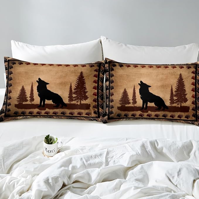 Feelyou Cute Wolf Comforter Set for Girls Boys Kids Wolves Howling Bedding Set Room Decorative Animal Wolves Tree Pattern Bedding Set Exotic Style Brown Black Duvet Set King Size 3Pcs Quilt Set