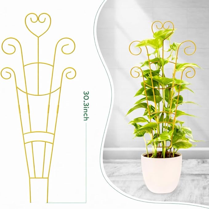 30 Inch Plant Trellis for Climbing Plants Indoor, Outdoor Metal Garden Trellis for Potted Plants, Houseplant Plant Support for Ivy Pothos Monstera Hoya Flower Vine Black Heart (Golden-2pcs)