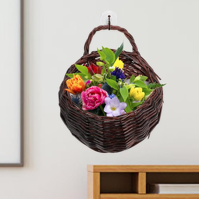 Woven Hanging Basket 9X7X4 Inch Dark Brown Rattan Wall Hanging Planter for Indoor Decorative Flower Storage Kitchen Bathroom Living Room
