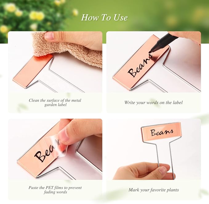 Moxweyeni 61 Pieces Metal Plant Tags Kit 30 Pieces Copper Metal Plant Labels 30 Rainproof Pet Films 1 Marker Pen Reusable Planting Garden Markers Nursery Tags(T U Shape)