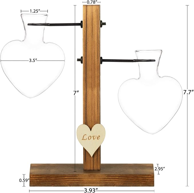 Kingbuy Heart Shaped Glass Hydroponic Vase with Retro Wooden Stand - Desktop Plant Terrarium for Bulb Planter, Water Plant Propagation Glass Vase Pot Planter Flower Desktop Decoration Home Garden