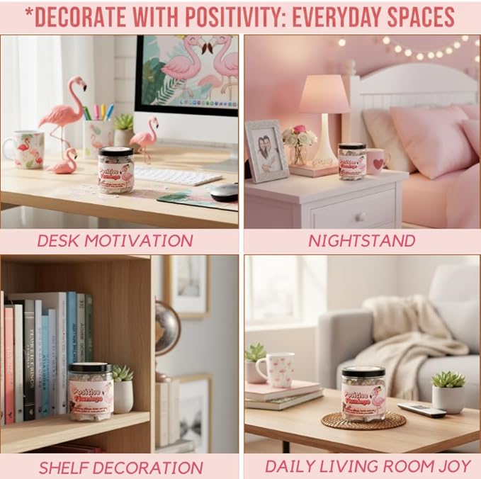Positive Flamingo Jar with 60 Daily Affirmation Cards, Emotional Support Flamingo Decor, Mini Flamingo Figurines, Birthday Gifts for Women and Friends, Inspirational Desk Present for Coworkers