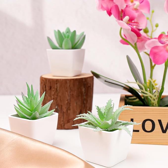 Woration 6pcs Faux Artificial Mini Flocking Succulent Plants in White Pots Fake Plastic Plants Topiaries for Shelf Table Windowsills Office Home Green Decoration