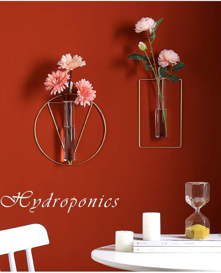 Nordic Wall Vase Hanging Geometric Gold Flower Vase Wall Mount Metal Frame Vases Hydroponic Glass Bud Vase Decor for Home Wedding Farmhouse
