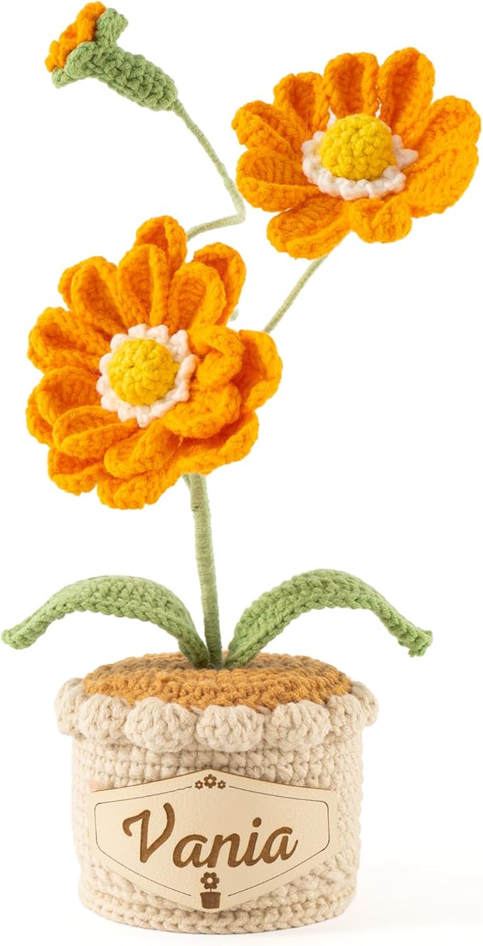 Crochet Flowers with Personalized Leather Name Tag Handmade Knitted Flowers for Home Office Desk Decor Crochet Zinnia Potted Plant for Women Crochet Everlasting Flower Birthday Gifts(Orange)