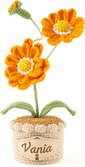 Crochet Flowers with Personalized Leather Name Tag Handmade Knitted Flowers for Home Office Desk Decor Crochet Zinnia Potted Plant for Women Crochet Everlasting Flower Birthday Gifts(Orange)