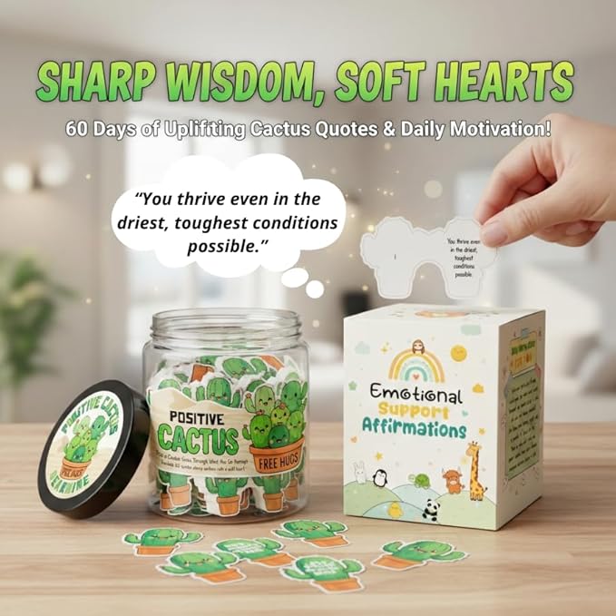 Positive Cactus Jar with 60 Daily Affirmation Cards, Emotional Support Plant Cactus Gifts, Stress Relief, Motivational Gift, Cactus Plushies, Mini Plant Toy Decor, Funny Gifts for Women, Positive Toy