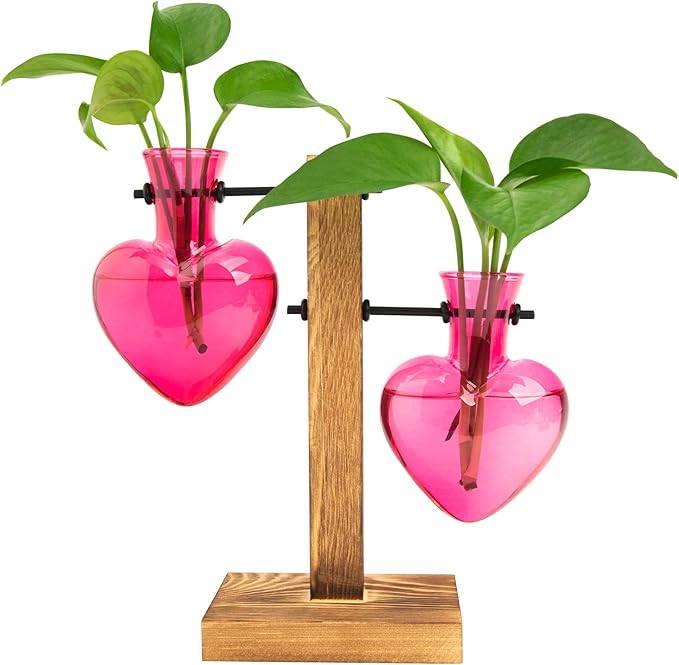 XXXFLOWER Plant Terrarium Wooden Stand Hydroponic Planter Bulb Glass Metal Swivel Holder Retro Air Plants Water Plants for Home Office Decoration,Gifts for Plant Lover Wife Mom- 2 Pink Love Bulb Vase