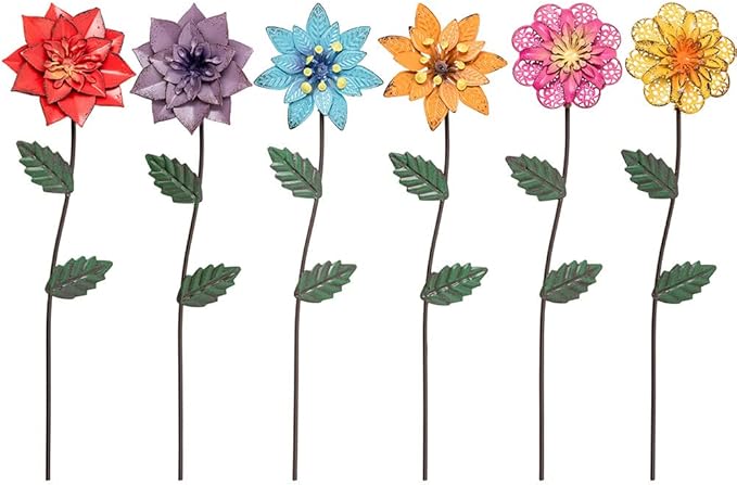 YEAHOME Garden Decor for Outside, 6 Pack Flower Garden Stakes Outdoor Decor Metal Shaking Head Yard Art, Weather Proof Flower Stakes for Yard Porch Lawn Pathway Pot Decorations(Multi-Color)