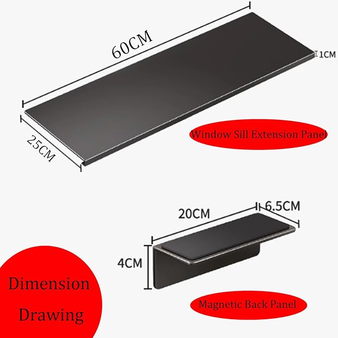 AWSAD Window Sill Extender 24x10in Countertop Extension Board with Magnetic Base Carbon Steel Ledge Plant Shelf for Kitchen, Bathroom (Black, 23.6x9.8in)