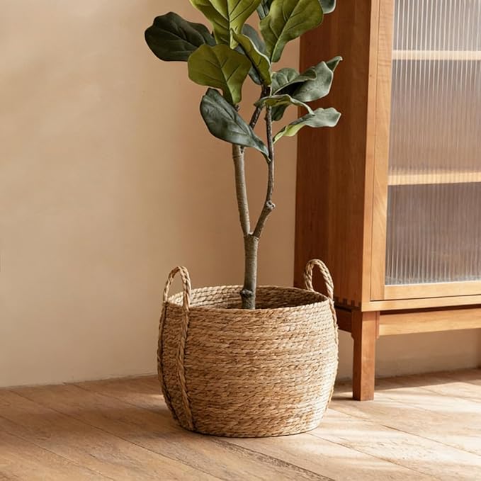14 inch Large Seagrass Woven Planter Basket with Handles - Wicker Planter Basket with Plastic Film Insert for Indoor Plants, Large Monstera Pot, Woven Storage Basket, Boho Home Decor
