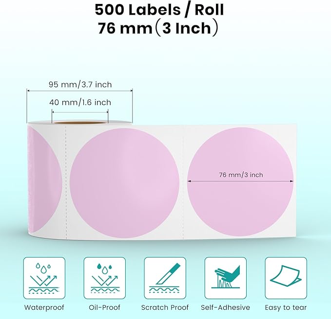 Purple Circle Thermal Labels Vinyl 3 Inch Self-Adhesive Round Stickers Roll Waterproof Printer Decals Name Tag for QR Code DIY Office Address 500 PCS