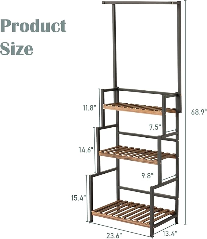 ULIKE Plant Stand Outdoor Indoor Hanging Plant Shelf for Multiple Plants 3 Tier Tall Plant Stand Wood Rack with Metal Frame for Patio Garden Balcony