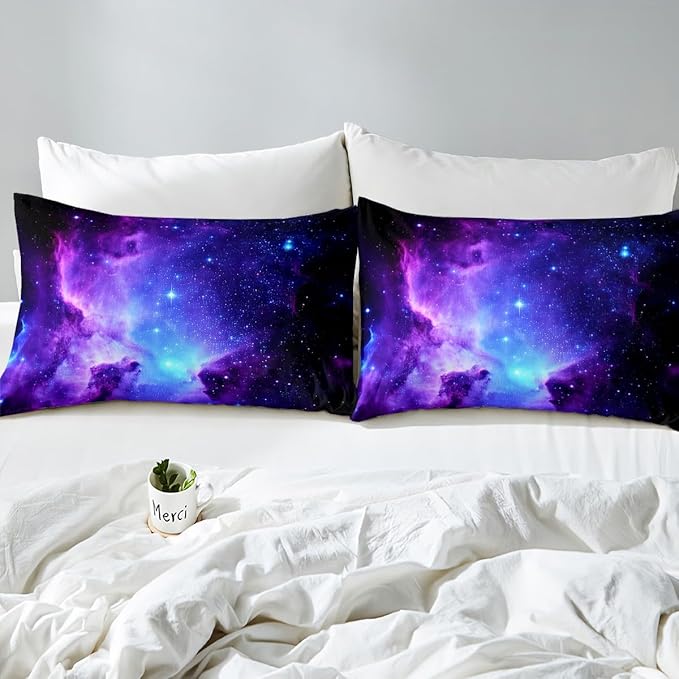 Feelyou Galaxy Bedding Set Kids Girls Twin Bed Sheets Outer Space Universe Starry Sky Sheet Set Teens Women Ultra Soft Purple Stars Decor Deep Pocket Fitted Sheet+ Flat Sheet + Pillow Case