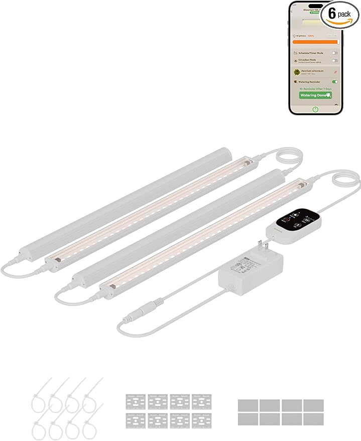 GLOWRIUM Smart Grow Lights for Indoor Plants with APP, 15" Full Spectrum Grow Light Strips, G6 Plant Light Strip with auto Timer, 3 Angle dimming Levels for Plant Shelf, 4-Pack (White, 32W)