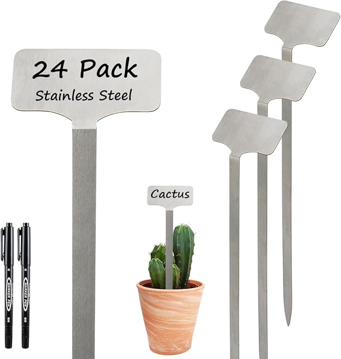 24 Pack Stainless Steel Plant Labels, Waterproof Metal Plant Markers for Outdoor Garden, Greenhouse, Vegetables, Herbs, Flowers - Comes with 2 Permanent Markers (Samll-8 in L)