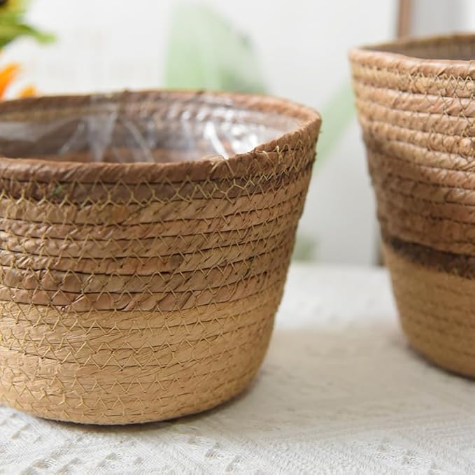 Handwoven Seagrass Planter Baskets - 3 Sizes Small Medium Large (Medium) Straw Plant Pot Covers for Indoor Plants Home Storage Rustic Boho Decor Organize Towels Toys Toiletries
