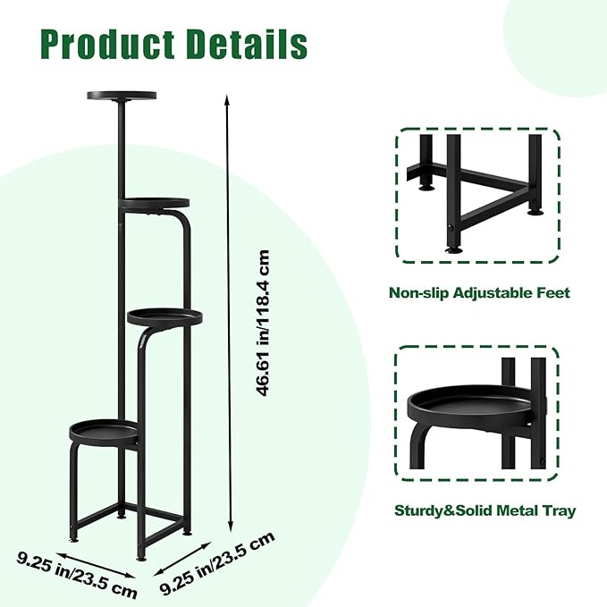 INGIORDAR Plant Stand Indoor Outdoor 4 Tier Metal Plant Shelf for Multiple Plants Corner Flower Holders for Living Room Balcony Bedroom Patio Garden, Black (Black, 4-Tier)