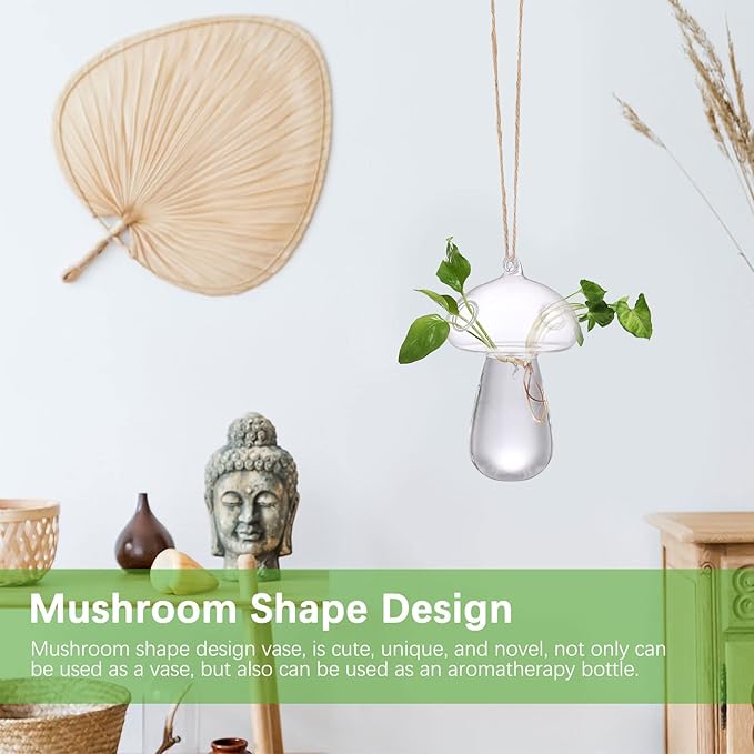 Asodomo 4 Pack Creative Mushroom Hydroponic Vase Hanging Glass Planter Plant Terrarium Container Propagation Stations with Hemp Rope for Air Plant Flowers Indoor Wall Window Home Decor