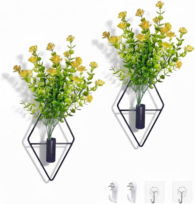 2 Pack Wall Hanging Planters with Artificial Plants, Sturdy Geometric Metal Wall Decor, Adjustable Greenery for Home Decor, Indoor Plants, Bedroom Living Room Bathroom, Art Decor