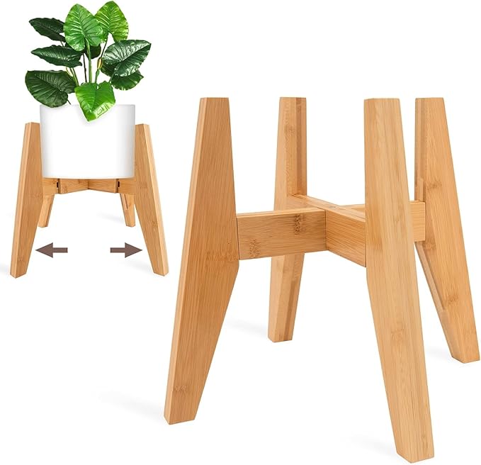 LEIMO KPARTS Adjustable Bamboo Plant Stand (8-12 inches), Mid Century Modern Indoor Plant Holder