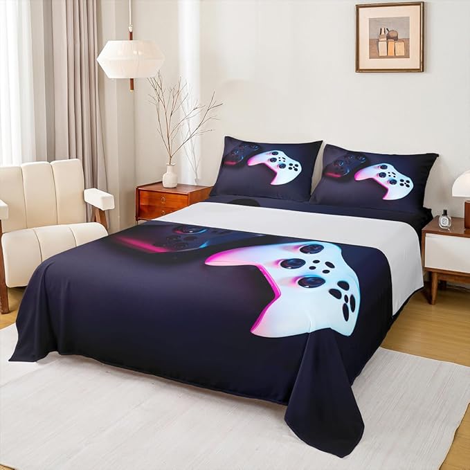 Feelyou Gamer Bedding Queen Size for Boys Kids Bed Cover Set Gaming Video Game Sheets Deep Pocket Breathable Men Teens Game Room Decor