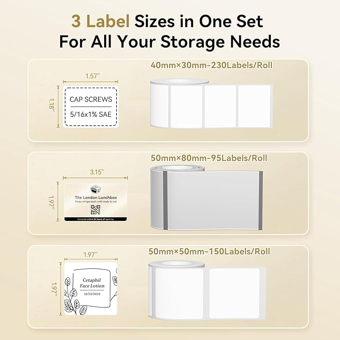NIIMBOT Thermal Label Tape 3 Rolls, Compatible with B1 B21 B31 Label Maker | Multi-Size Pack, 40x30mm White, 50x80mm Clear, 50x50mm White | for Address, Jar, Gift, Logo & File Organization Stickers