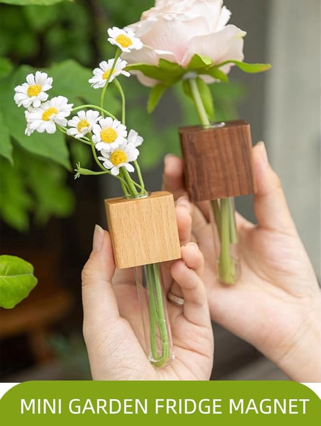 3PCS Mini Plant Propagation Station Set - for Window, Fridge, Wall, Office, Kitchen Decor, Home Plant Display,Inculd Glass Test Tube Vases Magnet and Adhesive Backed Wooden Holders
