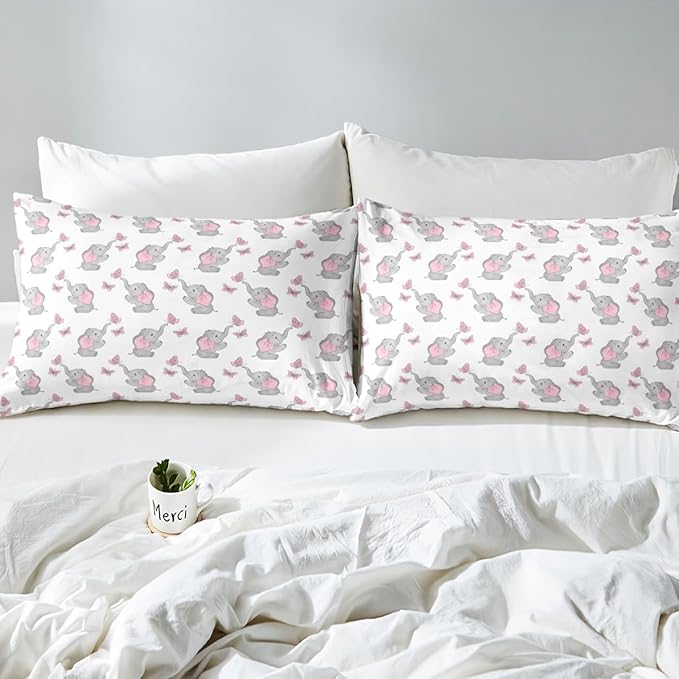 Feelyou Cute Elephant Sheets Set, Cartoon Little Elephant Butterflies Bed Sheet Set Full Size, Animal Print Decor Bedding Set for Girls Women Grey Pink Sheets with Deep Pocket Fitted Sheet