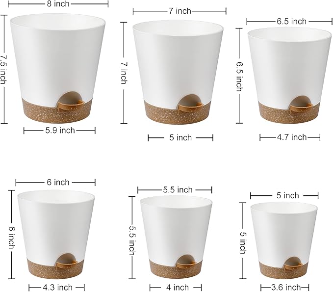 YNNICO Indoor Self Watering Planters with Drainage Holes and Saucers, 8, 7, 6.5, 6, 5.5, 5 Inches, White, 6 Pots