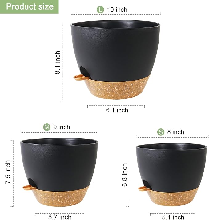 WSMKSZ 10/9/8 inch Medium Self Watering Pots, Planter, Plant Pots with Mesh Drainage Holes for Indoor Outdoor Garden Plants, Plastic Flower Pots with Removable Deep Reservoir, Black with Brown