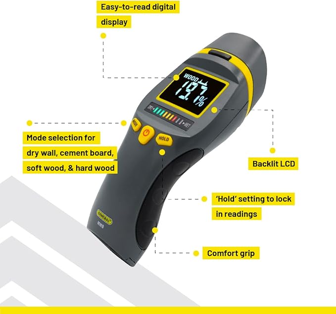 General Tools MM9 Pin & Pinless Moisture Meter – Dual Moisture Detector for Wood, Drywall & Building Materials – Digital Display, Scan & Pin Modes, Data Hold