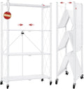 DEANIC 4 Tier Foldable Storage Shelves with Wheels, Large Capacity Shelving Unit, Freestanding Metal Wire Shelf Rack, No Assembly Organizer Rack for Garage Kitchen, Basement, Pantry(White)
