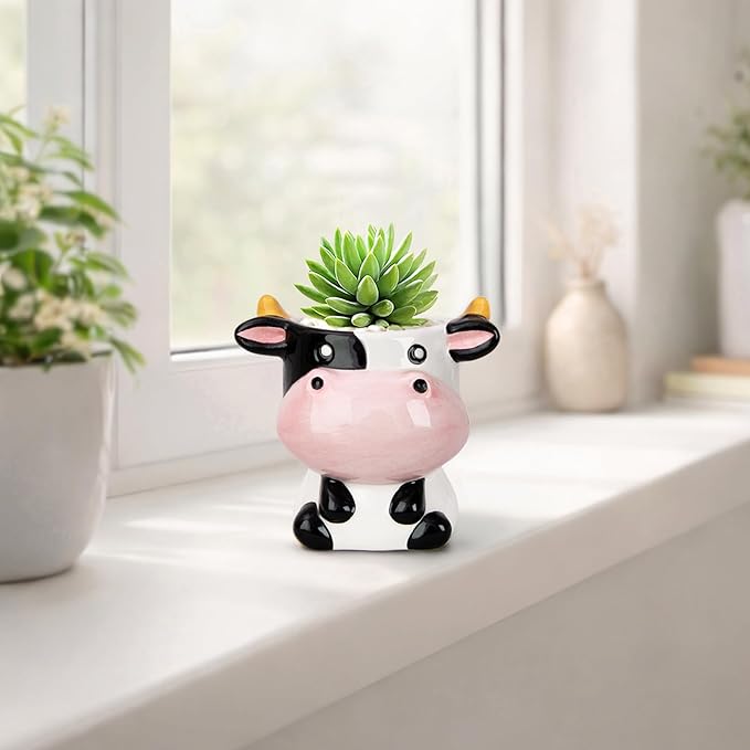 Cute Cow Animal Ceramics Planter Succulent Pot with Drainage, Plant Pot for Indoor Mini Plants Flower Cactus, Home and Garden Decor Fun Gifts