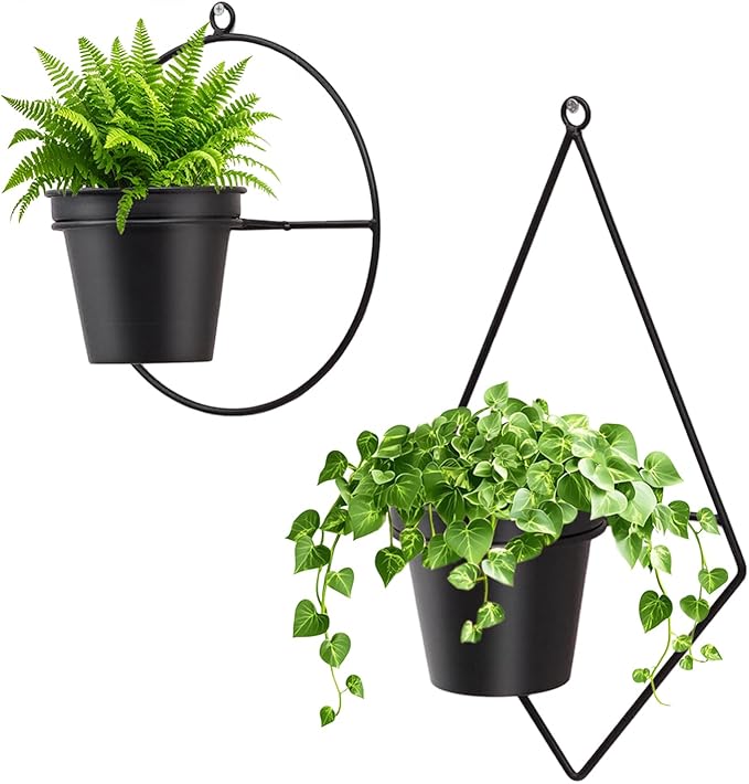 Geometric Wall Planters for Indoor Plants – Set of 2 Black Metal Wall Mounted Plant Holder (Round & Diamond Shapes) with 5 Inch Flower Pots, Modern haning planters for Indoor Outdoor Decor
