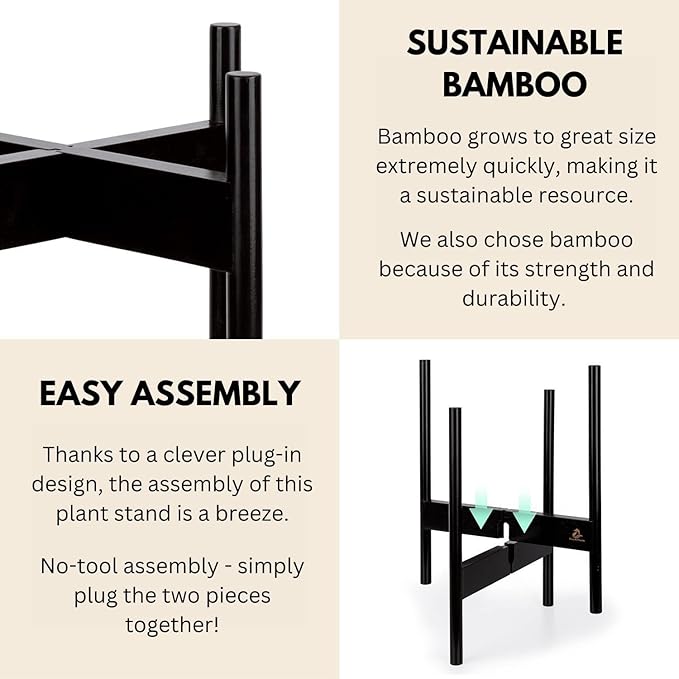 Fox & Fern Bamboo Plant Stand — 14.9 Inch Fixed Size Wooden Mid Century Planter Stand for Indoor Planters (Not Included); Extra Large Flower Pot Holder for Indoor Big Pots; Plug In Design; Dark Bamboo