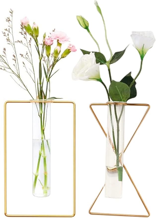 2 Pack Nordic Wall Vase Hanging Geometric Gold Flower Vase Wall Mount Metal Frame Vases Hydroponic Glass Bud Vase Decor for Home Wedding Farmhouse