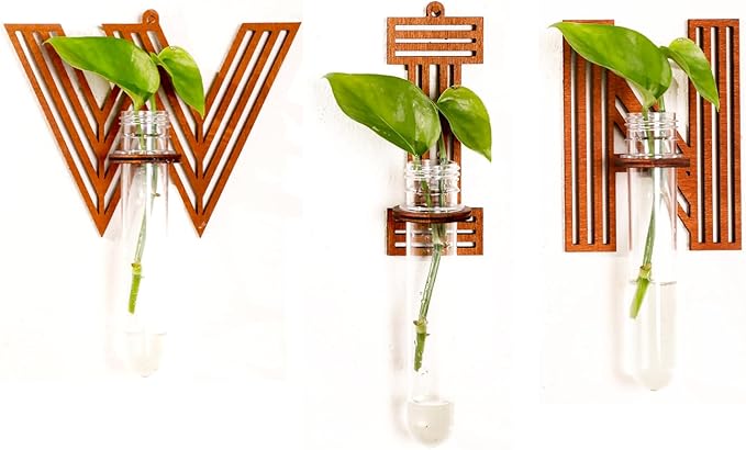 Win Letter Wall Propagation Planters Test Tubes Wall Decor for Hanging Plants Clear Water Plant Vase Brown Wood Upletter Alphabet Functional Art Boho Set of 3