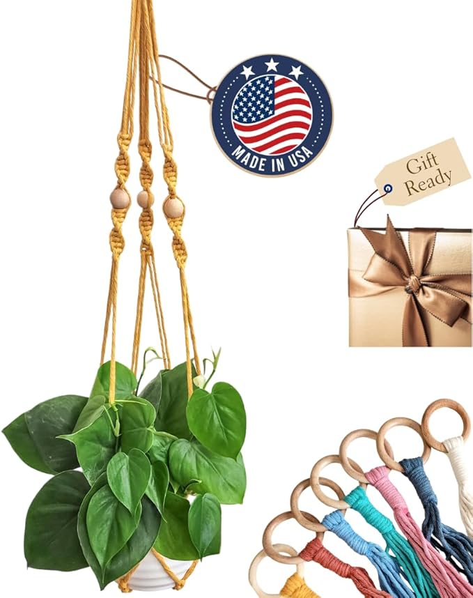 Macrame plant hanger 3ft beaded plant hanger for pots 4-8” for live plants indoor and outdoor decor hanging plant holder Boho décor Plant stand indoor Hanging planter for plant pots (Sunshine Yellow)