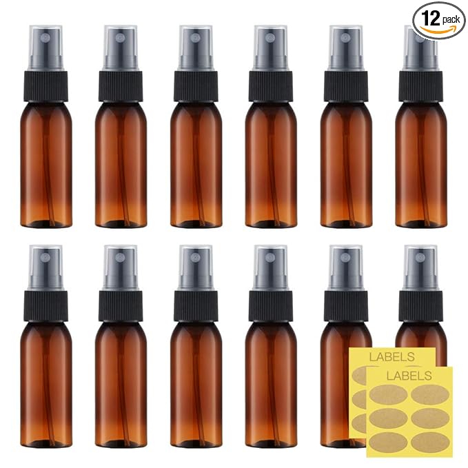 LISAPACK 1oz Amber Small Plastic Spray Bottle (12 Pack) Empty Mini Fine Mist Travel Size Atomizer, Tiny Sprayer for Little Perfume, Water, Cologne, Alcohol, Samples (Brown, 30ml)