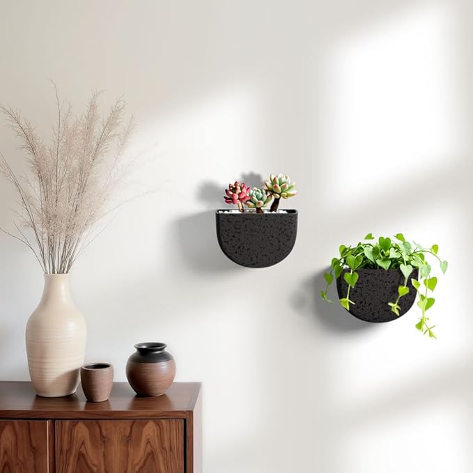 Asnext 2 Pack Wall Hanging Planter Pots for Indoor and Outdoor Plants, 7 Inch Half-Moon-Shaped Plastic Wall Planter, Wall Mounted Succulent Planters (Iron)