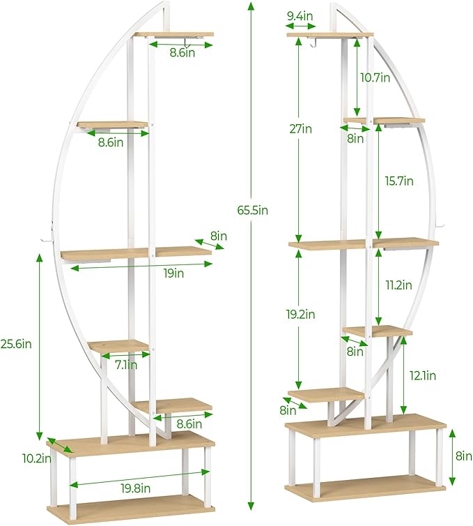 Plant Stand Shelf Indoor with 6 Grow Light, 7 Tiered 65" Tall White Large Half Moon Lighted Plant Rack Holder, 2 Pack Big High Circular Arch Multi Herb Stand with Built in LED Grow Light Set