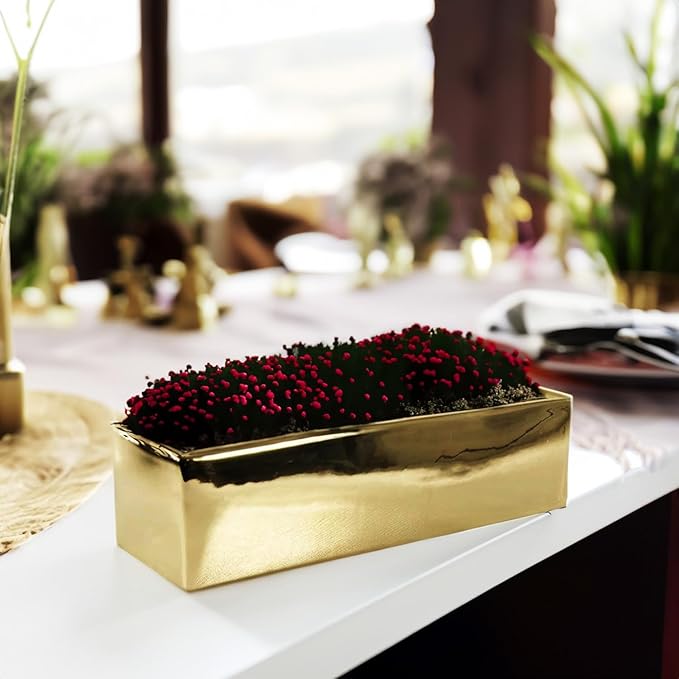 WGVI Long Rectangle Ceramic Planter Vase in Gold 12" x 4" x 4"H, Block Rectangular Terrarium Box Pot, Flower Arrangement, Table top Centerpiece, Home Decor Organization Storage Container, 6 Pcs.