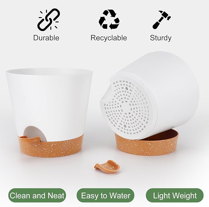YNNICO 8-Inch Plant Pots, Self-Watering Planters with Drainage Holes & Saucers for Indoor and Outdoor Plants (2-Pack, White)
