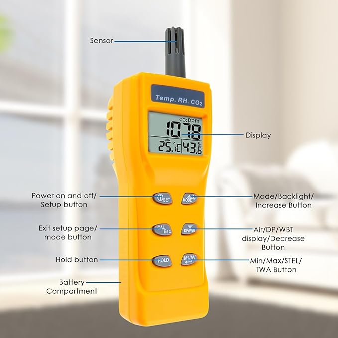 CO2 Meter Portable CO2 Detector Digital CO2 Monitor with Alarm Function Carbon Dioxide Temperature and Humidity Meter, NDIR CO2 Sensor Indoor Air Quality Monitor for Home Office Grow Room