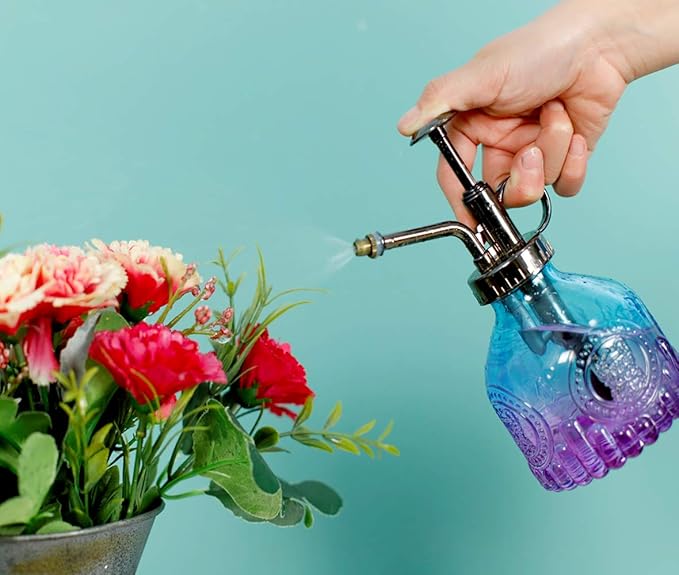 Hniuyun Glass Plant Mister Spray Bottle, 6.4 All Vintage Plant Spritzer Watering Can, Bronze Plastic Top Pump, Plant Mister Glass Watering Garden Tool (Blue Violet Gradient)