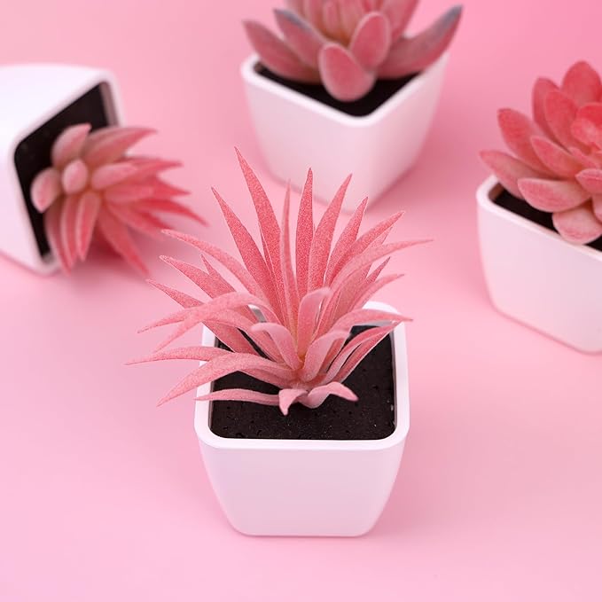 Woration 6Pcs Small Artificial Pink Succulent Set Fake Flocking Succulents Plants Potted Floral Arrangement for Shelf Office Home Desk Decorations - White Pots