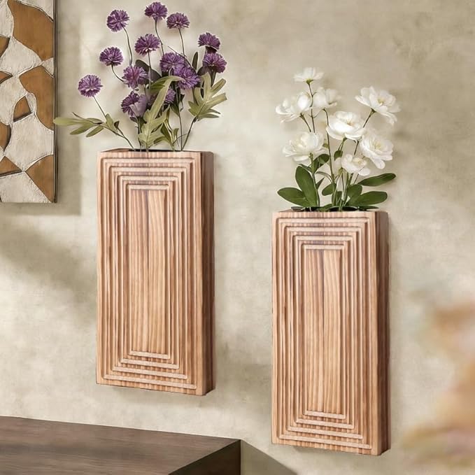 Wooden Wall Planter Vase,2 Pack Hanging Planter for Indoor Fake Plants Modern Boho Farmhouse Wall Art Decor for Home Indoor Kitchen Modern Farmhouse Bathroom Living Room Dining Room(Brown)